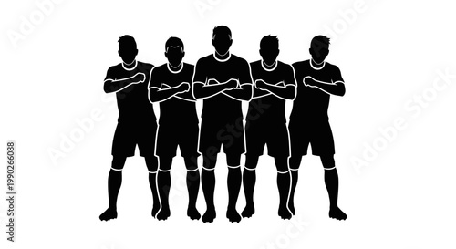 Silhouettes of five male soccer players.