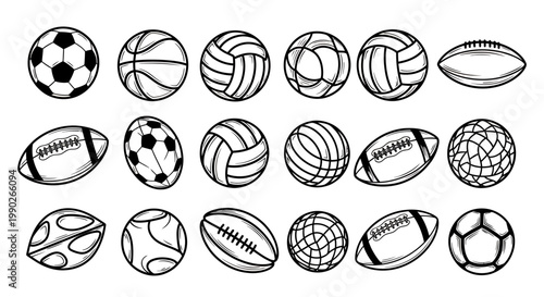 Collection of Various Sports Balls in Black and White Line Art for Doodles and Icons.