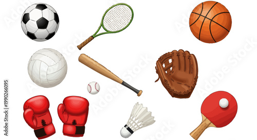 Assorted sports equipment including balls, rackets, gloves, and shuttlecock for multiple athletic activities.