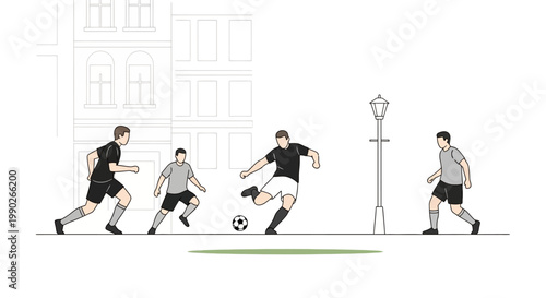 Four men playing soccer on street.