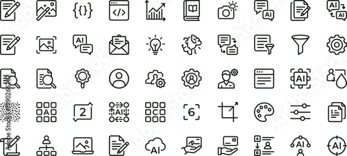 Artificial intelligence development workflow outline icon set illustrating prompt engineering coding automation analytics visualization and machine learning interface productivity elements collection