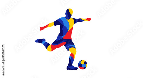 Soccer player kicking ball in motion.