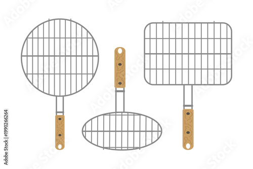 Vector collection of different metal grill racks including round rectangular and oval shapes. Professional flat illustration of BBQ wire grates for fish and meat cooking. Isolated elements on white ba