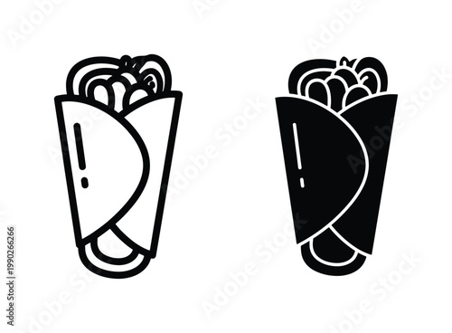 Burrito and shawarma icons in line and silhouette styles, Mexican food wrap vector set, Mediterranean kebab roll graphics for restaurant menus