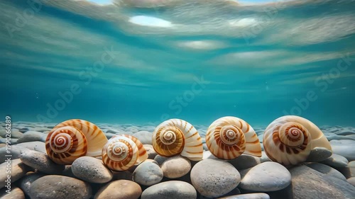 Beautiful Underwater Scene with Spiral Seashells on Smooth Pebbles and Clear Blue Water