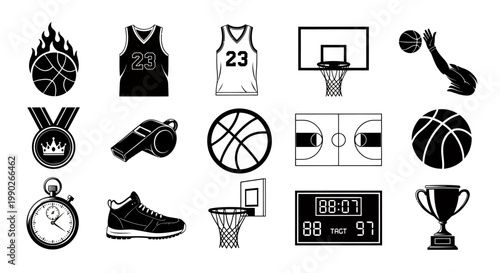 Collection of basketball equipment and action shots featuring ball, hoop, court, sneakers and scoreboard.