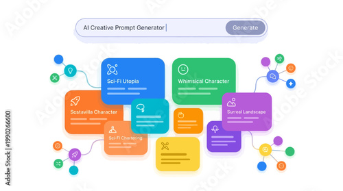 AI Creative Prompt Generator interface showing a network of colorful cards with creative themes such as Sci-Fi Utopia, Whimsical Character, Adventure Character, and Surreal Landscape.