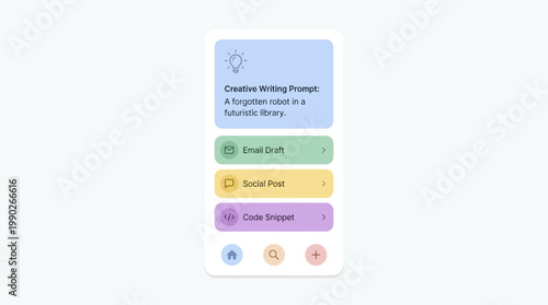 Mobile application interface displaying creative writing prompts, email draft, social post, and code snippet options.