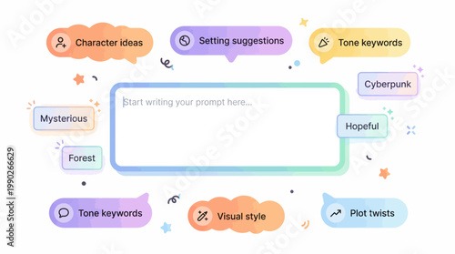 AI prompt generation interface with suggestion bubbles for creative writing and content creation.