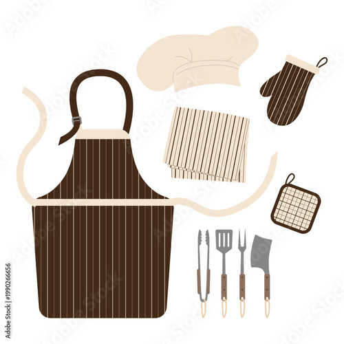 Vector collection of barbecue equipment and textile including brown striped apron chef hat oven mitt and metal grilling tools. Professional flat illustration of BBQ accessories spatula tongs and fork 