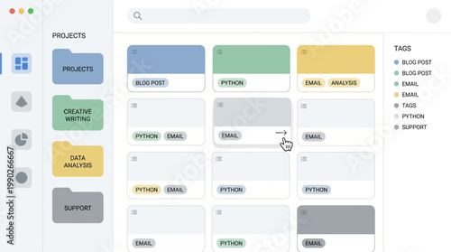 A digital interface displaying project folders and tagged content cards for organization and management.