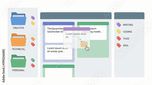 Digital workspace interface showing task organization with folders, cards, and tags for project management.