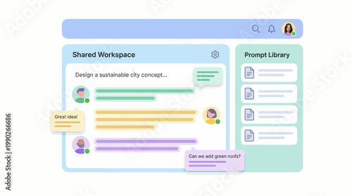 A digital interface showing a collaborative shared workspace with chat messages about designing a sustainable city concept and a prompt library.
