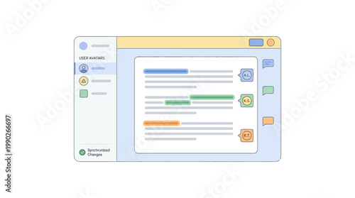 An illustration of a minimalist computer application interface showing text content and user interactions.