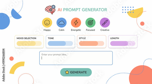 AI Prompt Generator user interface with mood, tone, style, and length selections for creative content generation.