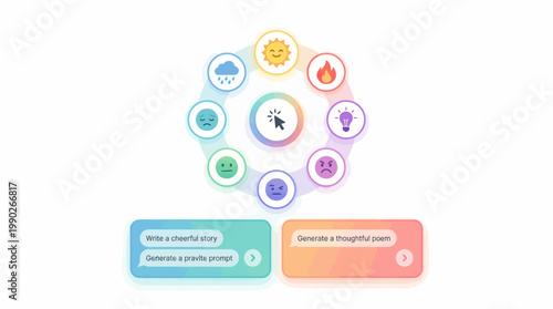 A digital interface featuring a circular menu of emotional and conceptual icons, with AI-powered text generation prompts below.