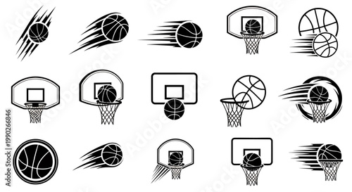 Collection of basketball icons illustrating hoops, balls, nets, and motion trails in various dynamic silhouettes.