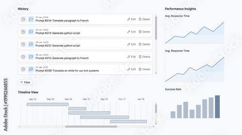 A dashboard displaying prompt history, performance insights with average response time and success rate graphs, and a timeline view of tasks.