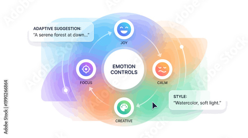 Conceptual diagram illustrating emotion controls with adaptive suggestions and style settings for digital experiences.