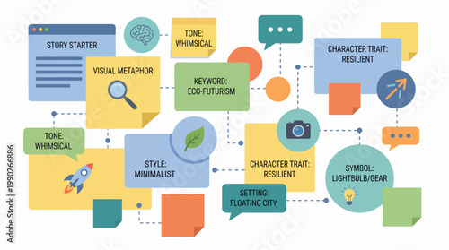 A colorful mind map illustrating creative brainstorming and concept development for a story or project, featuring interconnected ideas like eco-futurism, whimsical tone, and resilient characters.