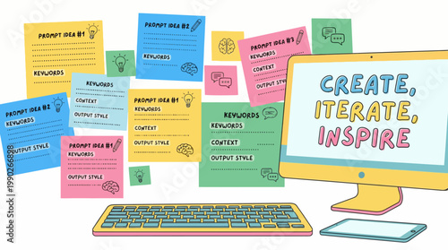 A creative workspace with a computer, keyboard, tablet, and numerous colorful sticky notes displaying ideas, keywords, and output goals.