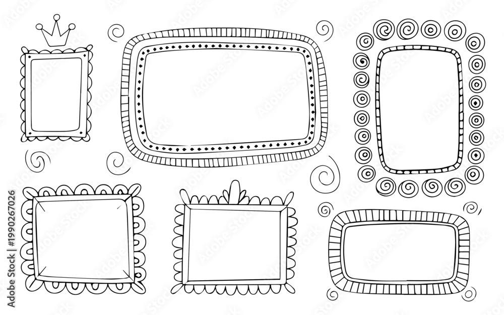 Obraz premium A playful collection of six unique, hand-drawn doodle frames with varied whimsical borders, offering charming design elements for creative projects.
