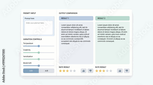 A user interface for an AI prompt input and output comparison tool with variation controls and rating options.