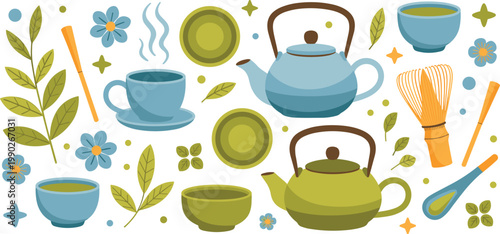 Green tea and matcha ceremony vector illustration set with teapots, cups, bamboo whisk, and tea leaves on white