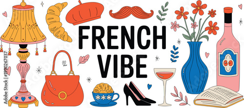 French vibe vector sticker collection with croissants, beret, wine, flowers, vintage lamp, and red handbag on white background