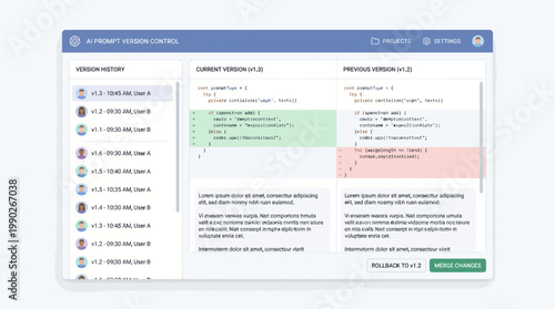 User interface displaying a version control system with code comparison and history log for software development.