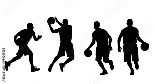 Dynamic silhouettes of players engaged in energetic basketball practice.