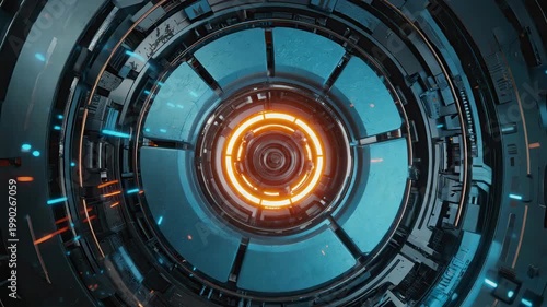 Futuristic Sci-Fi Cybernetic Core with Glowing Orange and Blue Lights in Digital Technology Concept Art