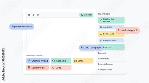 A user interface of an AI-powered writing assistant with text editing features, prompt ideas, and suggested prompts for various content types.