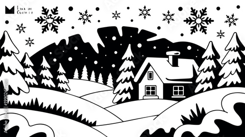 A picturesque winter wonderland scene depicting a small, cozy house nestled among snow-covered pine trees and rolling hills, with large snowflakes falling gently from the dark sky.