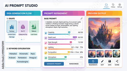 AI Prompt Studio user interface displaying prompt refinement options, idea generation flow, and a preview of an AI-generated fantasy castle image at sunset.