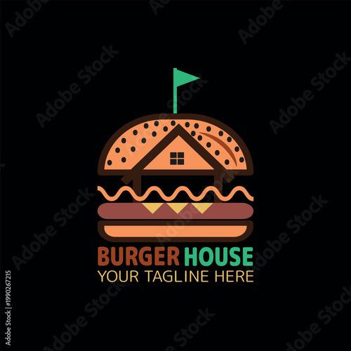 Burger house logo, Fast food logo, minimalist, burger combination with house in solid background, vector logo, flat design, Vintage Retro Cheese Burger, Cartoon, Logotype, cafe restaurant, Menu, 