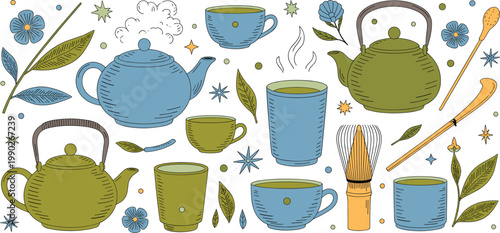 Green tea and matcha ceremony vector illustration set with teapots, cups, bamboo whisk, and tea leaves on white