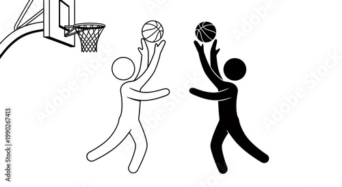 White and black stick figures playing basketball reaching for the ball near the hoop in a dynamic action scene.