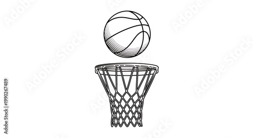 Abstract line drawing of basketball going into a hoop during a game moment.