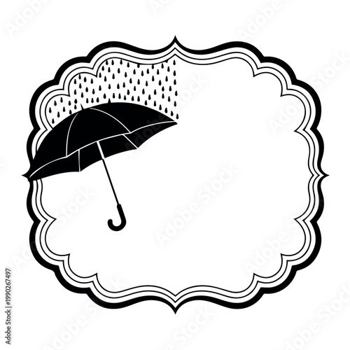 A classic black umbrella catching falling raindrops is framed within an elegant, ornate border, symbolizing protection and readiness for inclement weather.