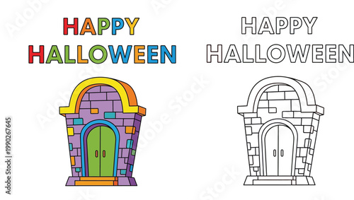 Happy Halloween Coloring Book Page for Kids Featuring a Spooky Stone Crypt Mausoleum and Arched Door Building Vector Illustration with Colorful and Outline Versions for Activity