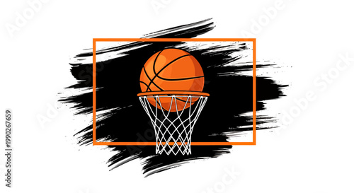 Dynamic basketball hoop with brush stroke backdrop capturing sport motion and energy.