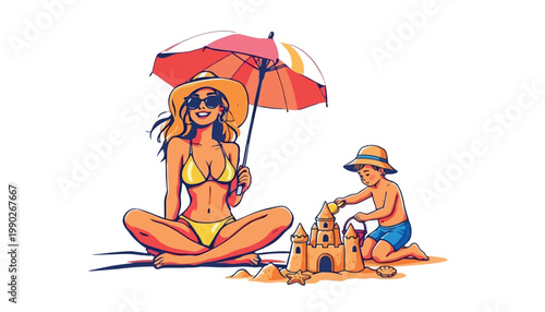 Vsai mother and child building sandcastle together on beach vacation