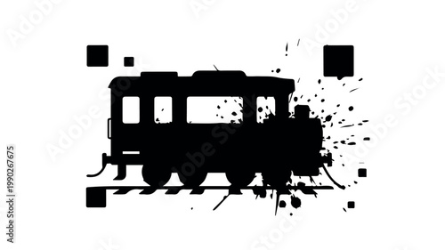 A striking black silhouette of an old-fashioned steam train is dramatically presented with a grunge and splatter effect, evoking a sense of powerful, industrial history.