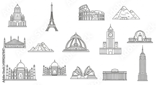 Collection of famous architectural landmarks and monuments in sketch style.