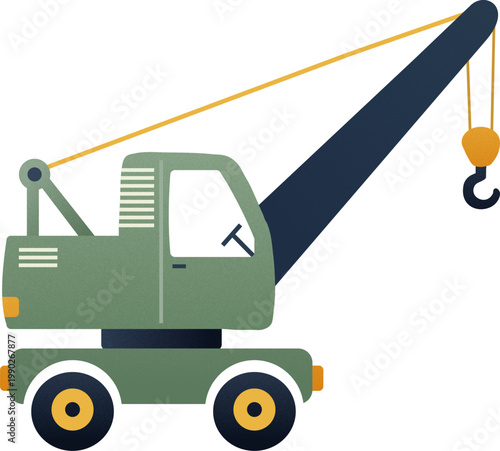 Stylized Green Mobile Construction Crane Illustration with Hook and Boom
