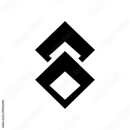 Abstract black and white geometric logo featuring an upward-pointing chevron stacked above a hollow diamond shape, creating a symmetrical design.