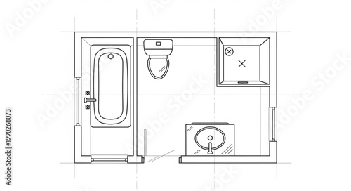 Architectural drawing of a modern bathroom layout plan.