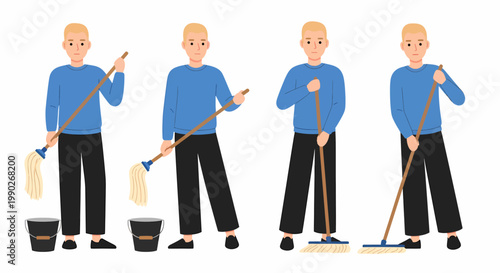 A man in a blue shirt and black pants demonstrating various cleaning tasks, including mopping with a bucket and sweeping with a broom, shown in four different poses.