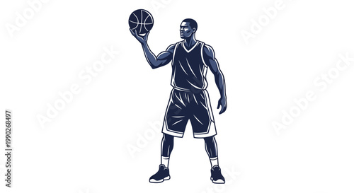 Dynamic basketball player mid throw with ball in hand, vintage illustration.